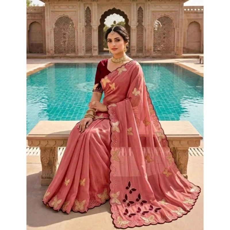 Women's Star Georgette Embellished Saree With Unstitched Blouse 5.5Mtr (Dusty Coral-Maroon)
