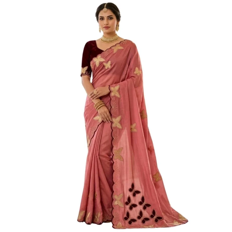Women's Star Georgette Embellished Saree With Unstitched Blouse 5.5Mtr (Dusty Coral-Maroon) - Image 2
