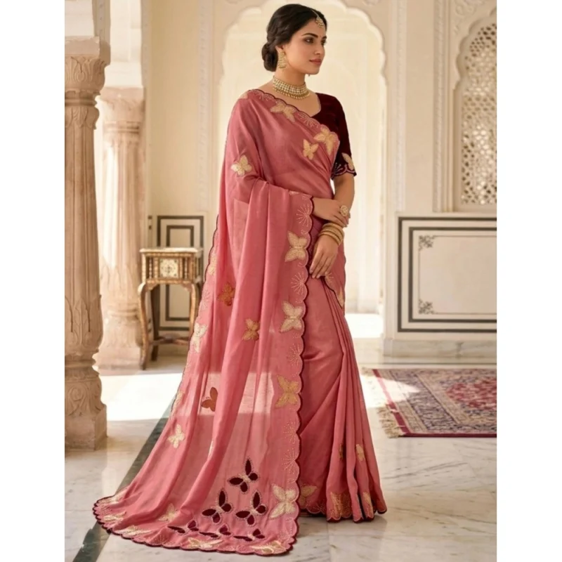 Women's Star Georgette Embellished Saree With Unstitched Blouse 5.5Mtr (Dusty Coral-Maroon) - Image 3