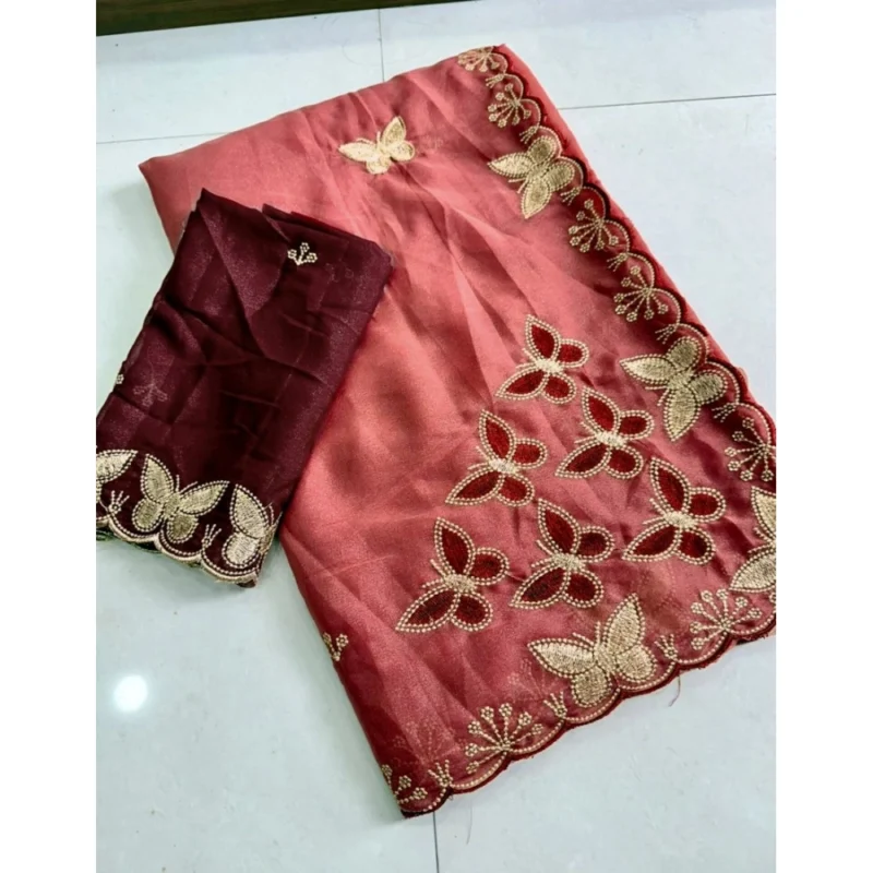 Women's Star Georgette Embellished Saree With Unstitched Blouse 5.5Mtr (Dusty Coral-Maroon) - Image 4