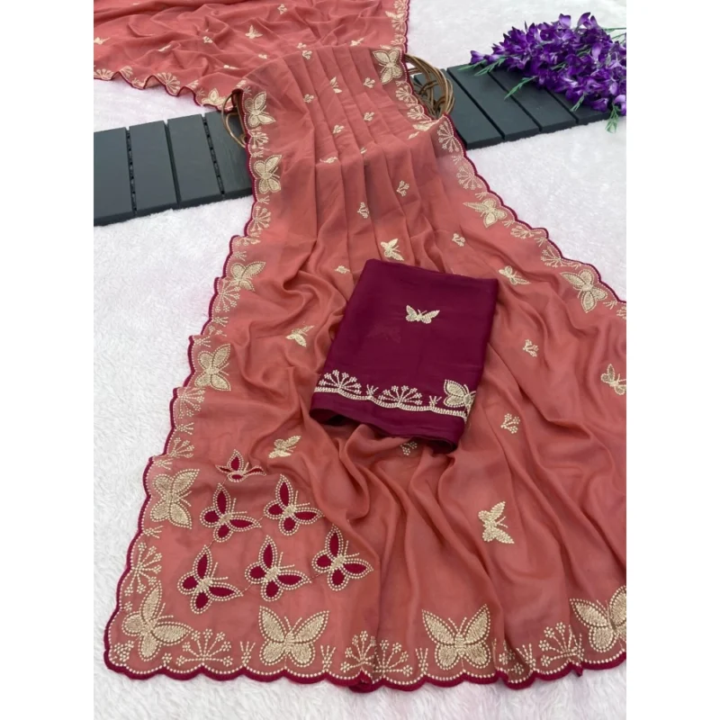 Women's Star Georgette Embellished Saree With Unstitched Blouse 5.5Mtr (Dusty Coral-Maroon) - Image 5