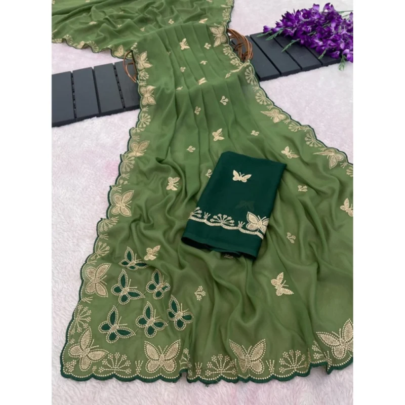 Women's Star Georgette Embellished Saree With Unstitched Blouse 5.5Mtr (Green) - Image 3