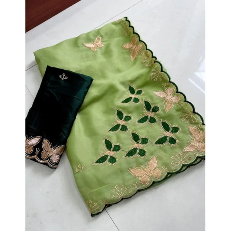 Women's Star Georgette Embellished Saree With Unstitched Blouse 5.5Mtr (Green) - Image 4