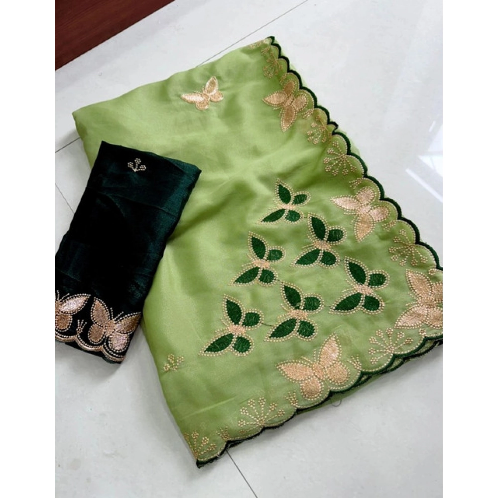 Women's Star Georgette Embellished Saree With Unstitched Blouse 5.5Mtr (Green) - Image 4