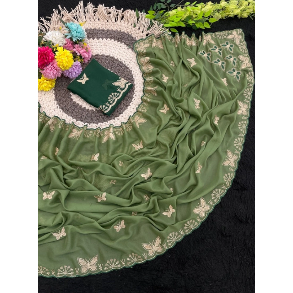 Women's Star Georgette Embellished Saree With Unstitched Blouse 5.5Mtr (Green) - Image 5