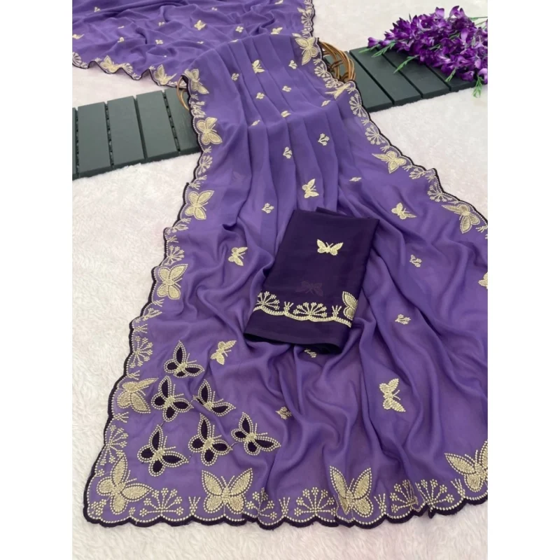 Women's Star Georgette Embellished Saree With Unstitched Blouse 5.5Mtr (Lavender) - Image 3