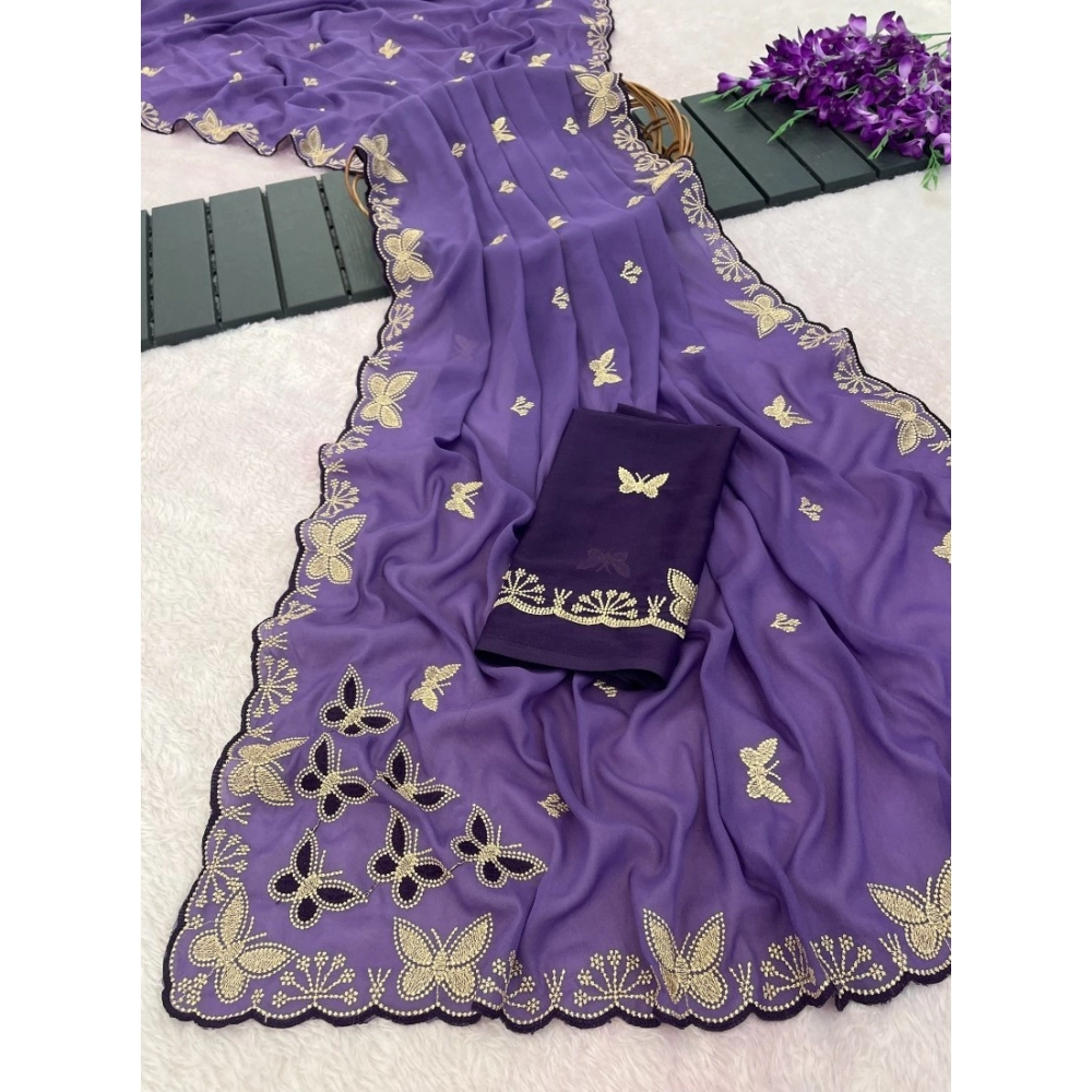 Women's Star Georgette Embellished Saree With Unstitched Blouse 5.5Mtr (Lavender) - Image 3
