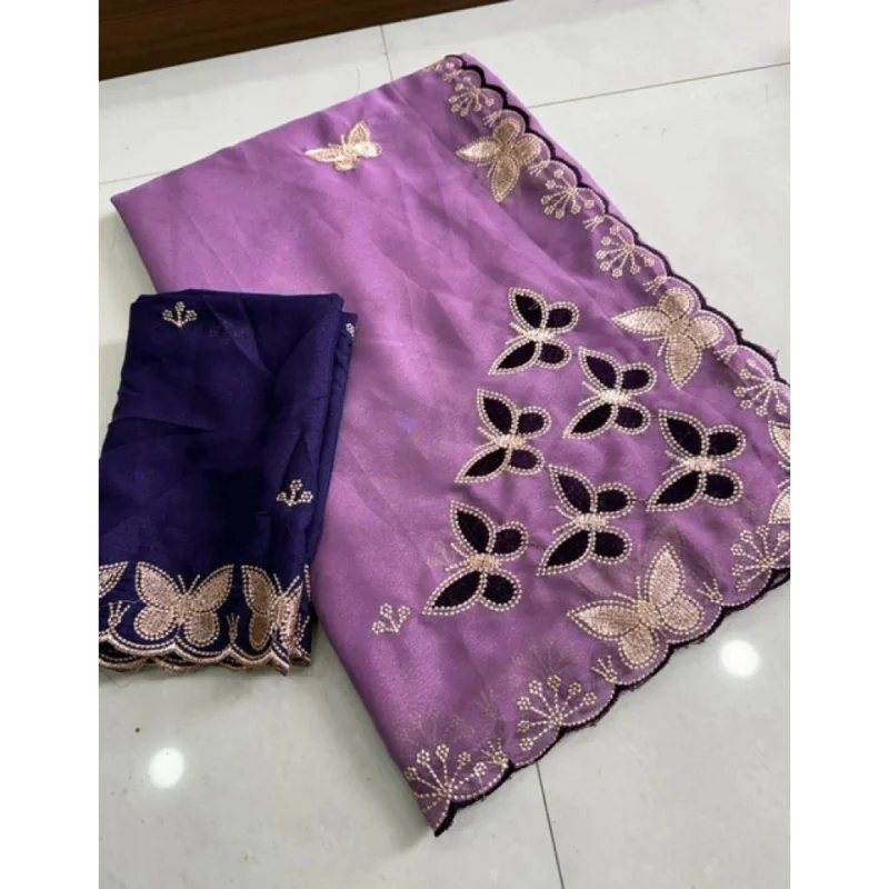 Women's Star Georgette Embellished Saree With Unstitched Blouse 5.5Mtr (Lavender) - Image 4