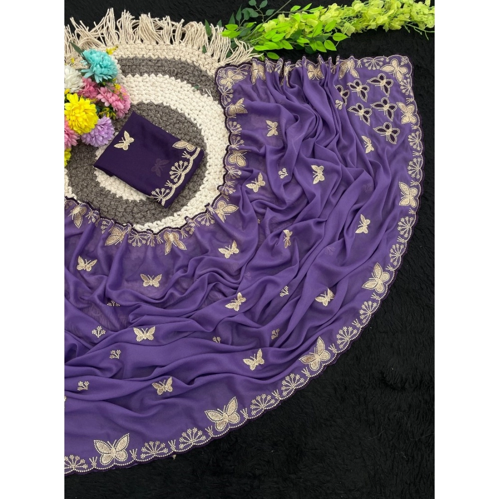 Women's Star Georgette Embellished Saree With Unstitched Blouse 5.5Mtr (Lavender) - Image 5