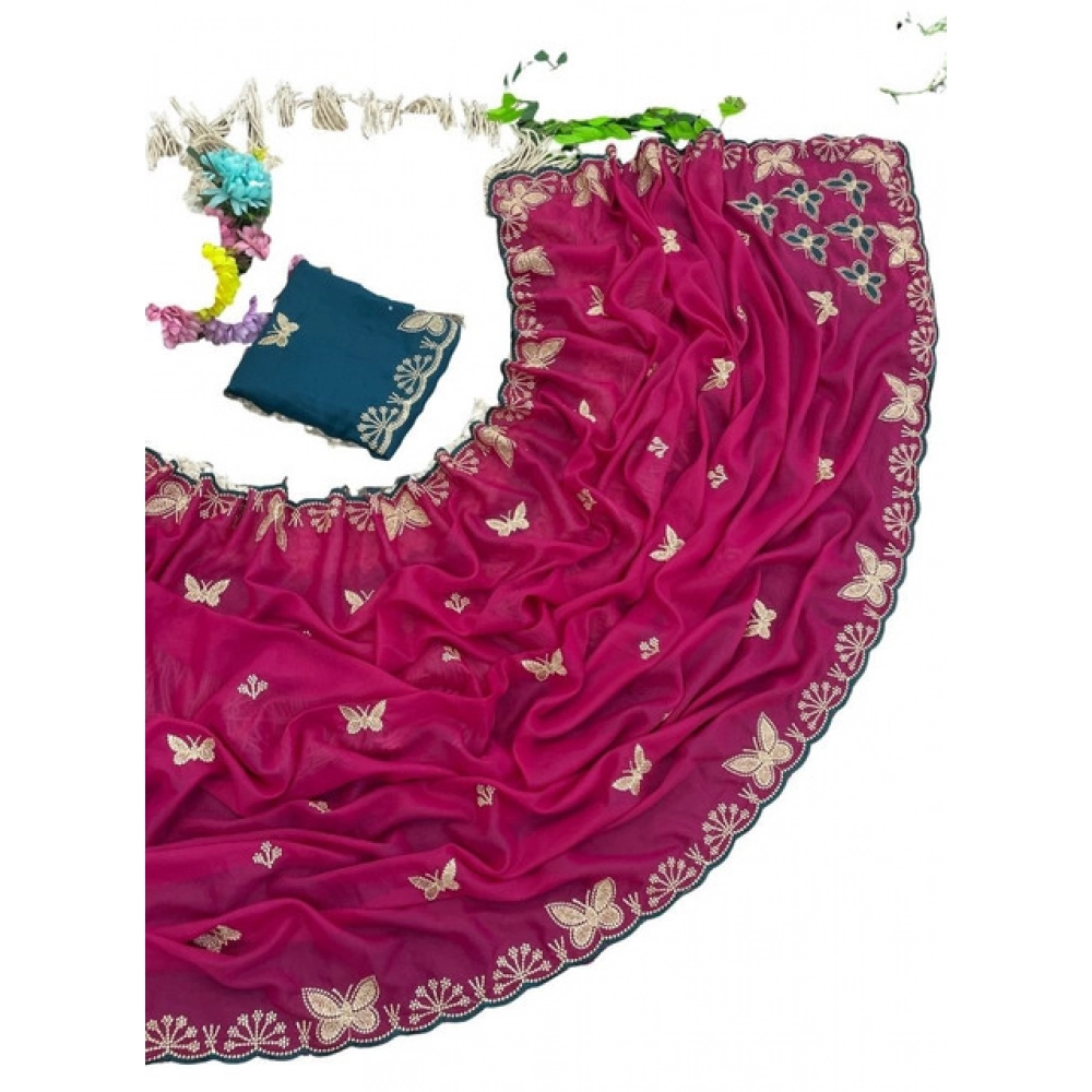 Women's Star Georgette Embellished Saree With Unstitched Blouse 5.5Mtr (Magenta-Green) - Image 2