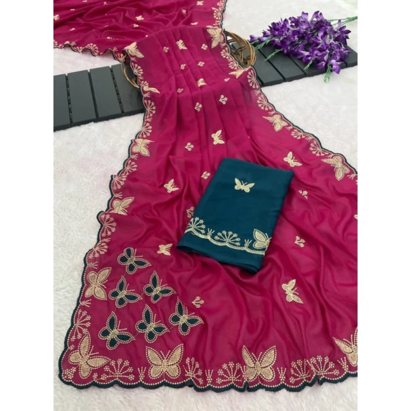 Women's Star Georgette Embellished Saree With Unstitched Blouse 5.5Mtr (Magenta-Green) - Image 3