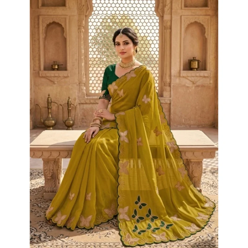 Women's Star Georgette Embellished Saree With Unstitched Blouse 5.5Mtr (Mustard)