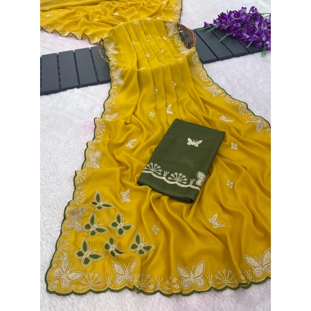 Women's Star Georgette Embellished Saree With Unstitched Blouse 5.5Mtr (Mustard) - Image 3