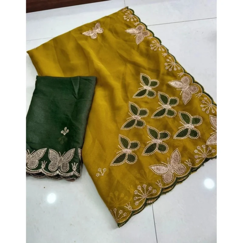 Women's Star Georgette Embellished Saree With Unstitched Blouse 5.5Mtr (Mustard) - Image 4