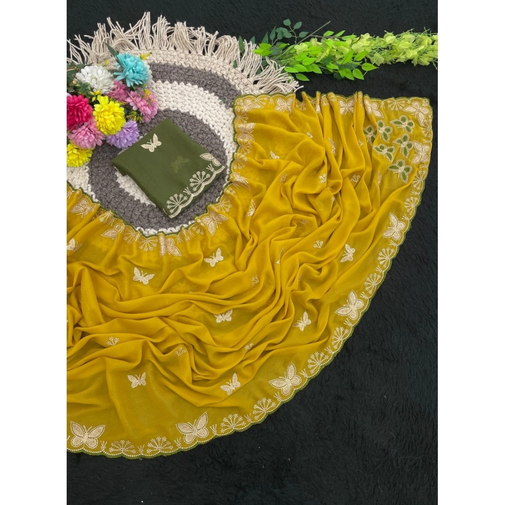 Women's Star Georgette Embellished Saree With Unstitched Blouse 5.5Mtr (Mustard) - Image 5