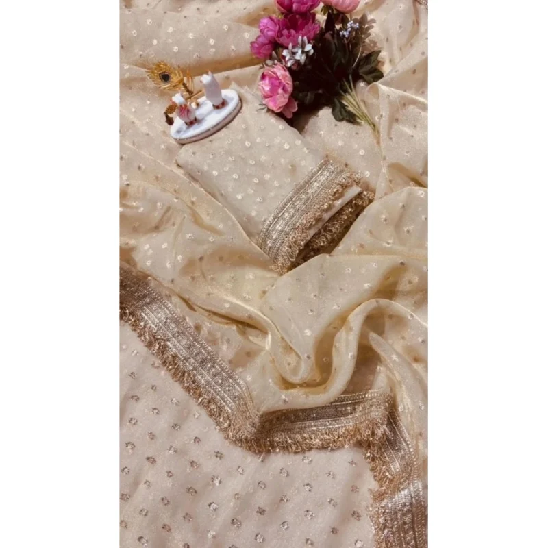 Women's Silk Embellished Saree With Unstitched Blouse 5.5Mtr (Beige) - Image 2