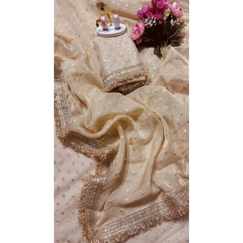 Women's Silk Embellished Saree With Unstitched Blouse 5.5Mtr (Beige) - Image 5