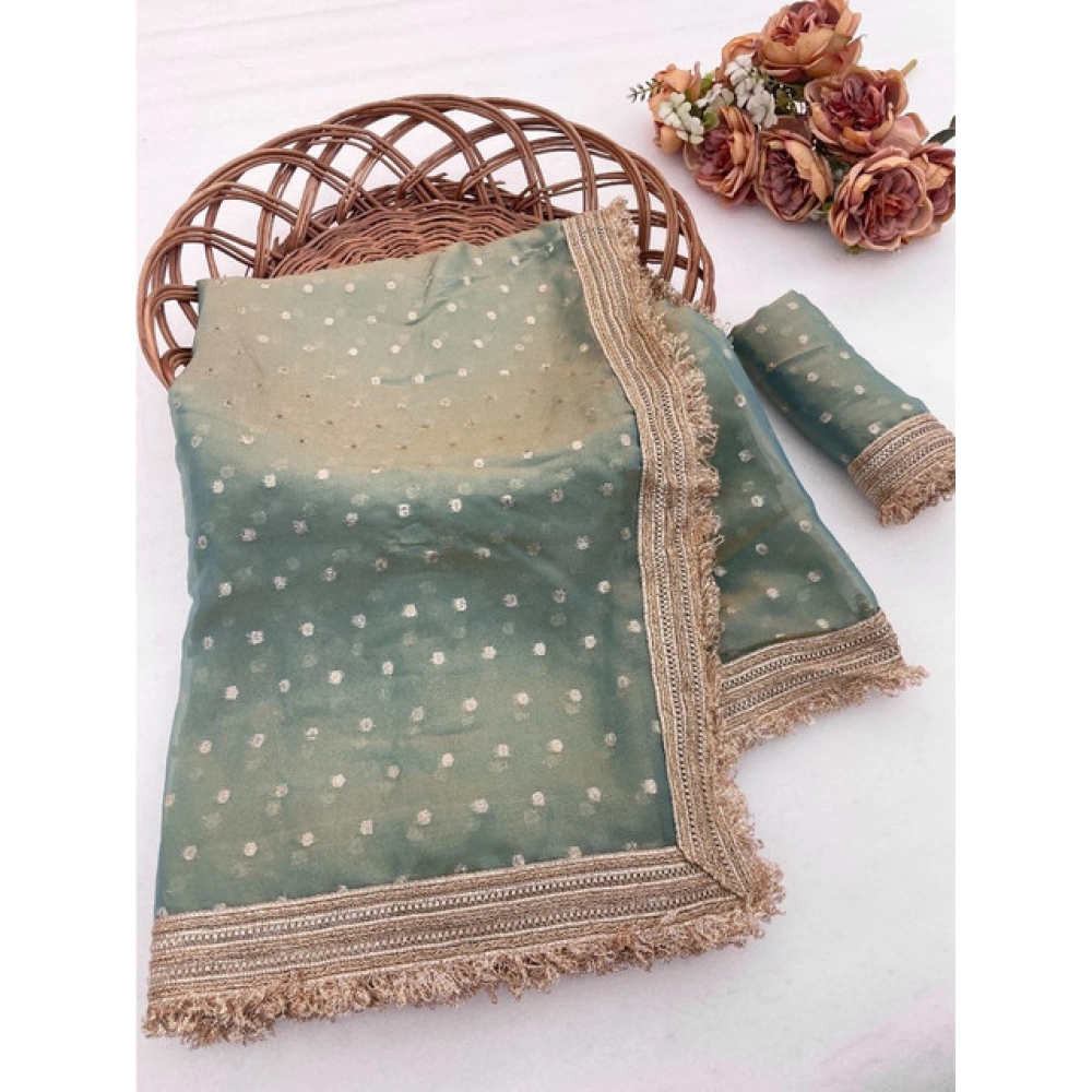 Women's Silk Embellished Saree With Unstitched Blouse 5.5Mtr (Green) - Image 5