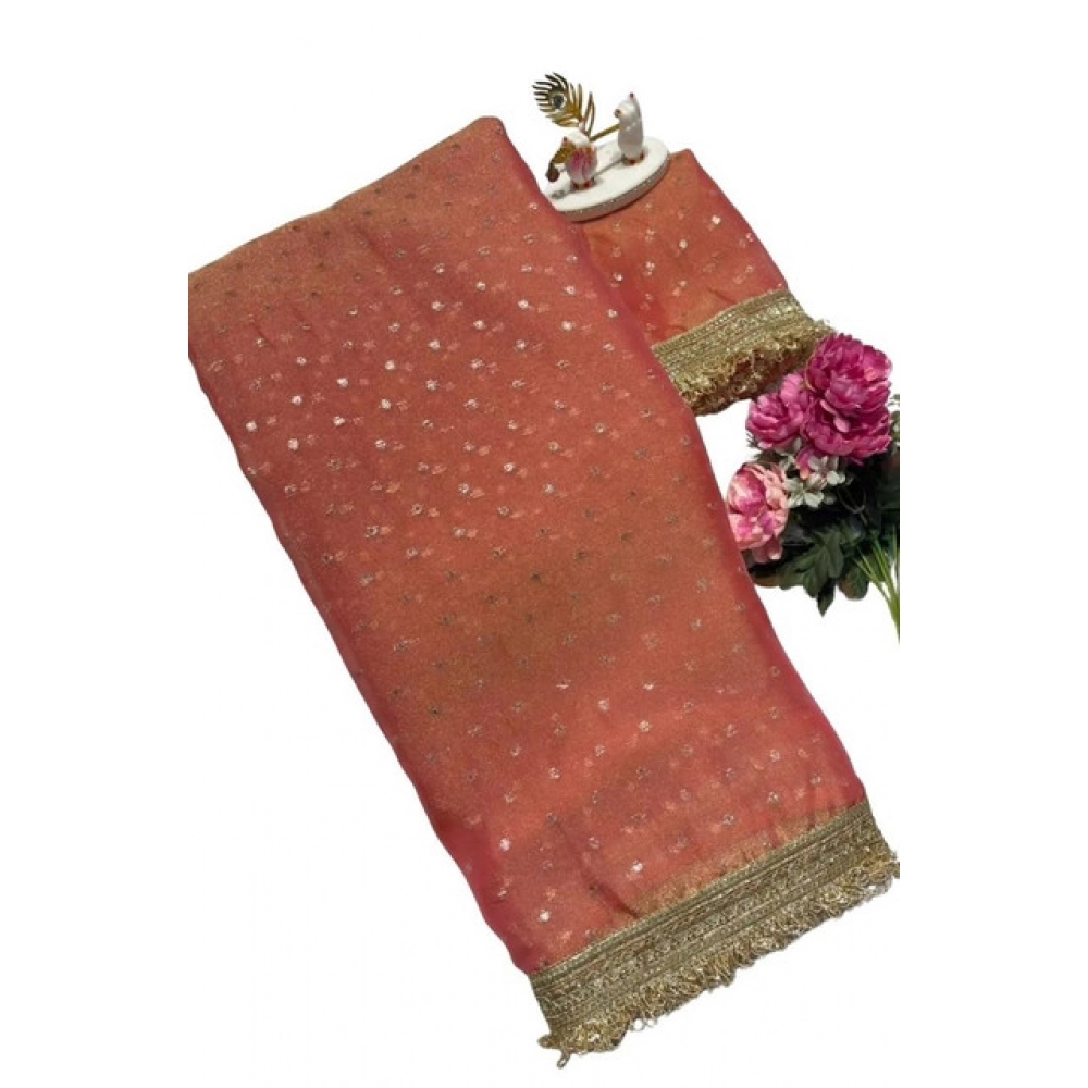 Women's Silk Embellished Saree With Unstitched Blouse 5.5Mtr (Peach) - Image 2
