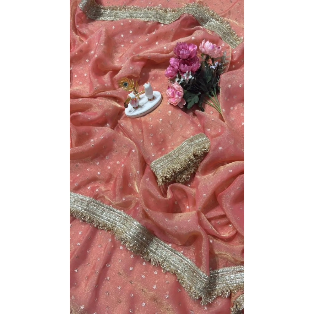 Women's Silk Embellished Saree With Unstitched Blouse 5.5Mtr (Peach) - Image 3