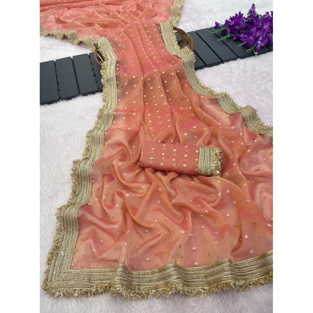 Women's Silk Embellished Saree With Unstitched Blouse 5.5Mtr (Peach) - Image 4