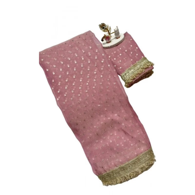 Women's Silk Embellished Saree With Unstitched Blouse 5.5Mtr (Pink) - Image 2