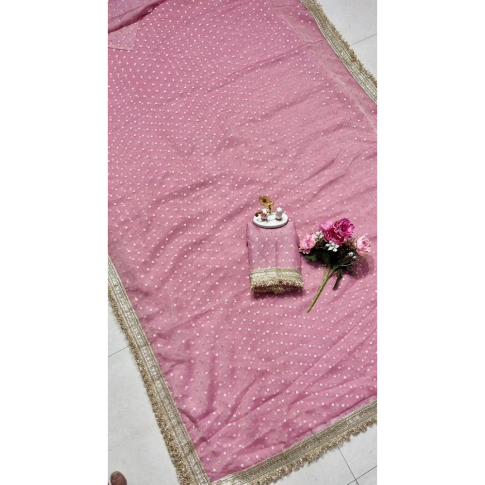 Women's Silk Embellished Saree With Unstitched Blouse 5.5Mtr (Pink) - Image 3