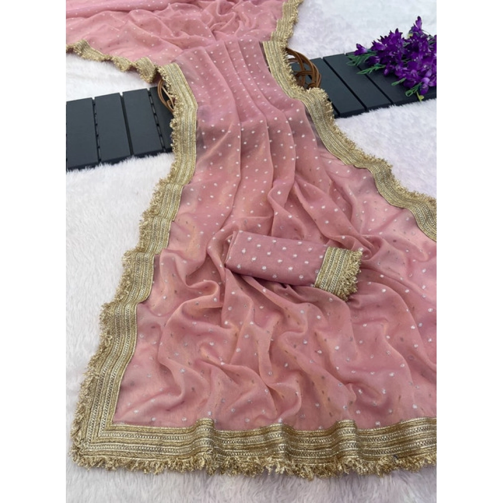 Women's Silk Embellished Saree With Unstitched Blouse 5.5Mtr (Pink) - Image 4