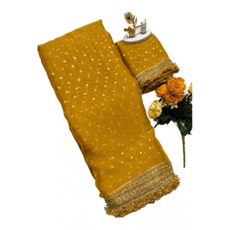 Women's Silk Embellished Saree With Unstitched Blouse 5.5Mtr (Yellow) - Image 2