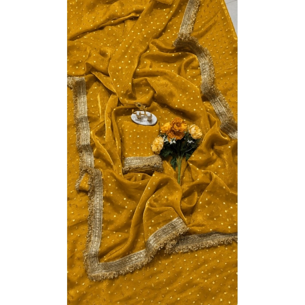 Women's Silk Embellished Saree With Unstitched Blouse 5.5Mtr (Yellow) - Image 4