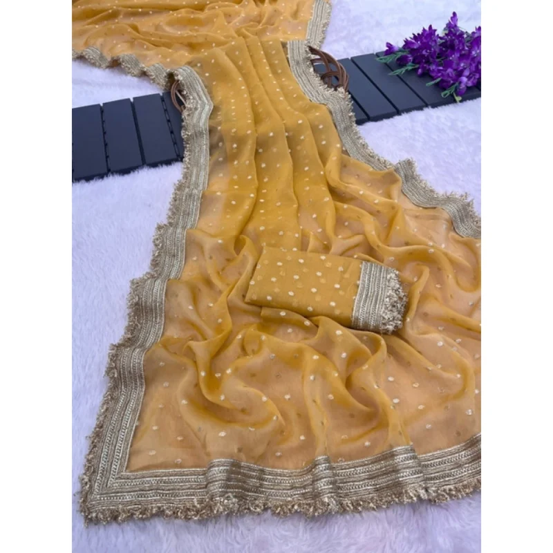Women's Silk Embellished Saree With Unstitched Blouse 5.5Mtr (Yellow) - Image 5