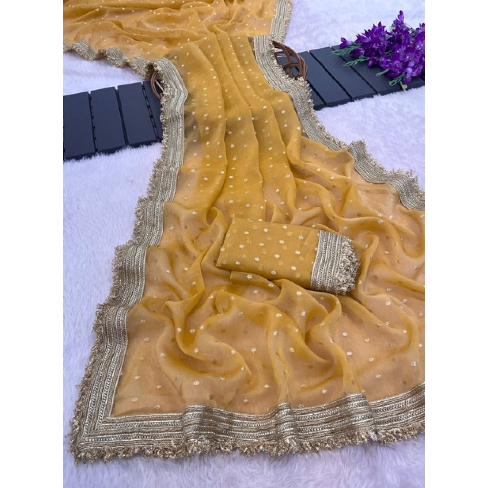 Women's Silk Embellished Saree With Unstitched Blouse 5.5Mtr (Yellow) - Image 5