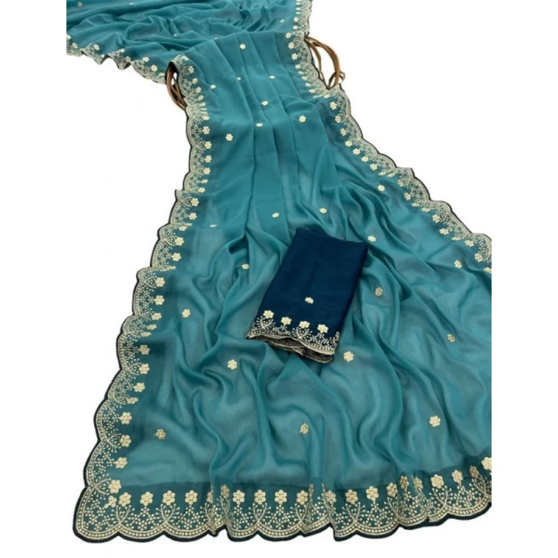 Women's Star Georgette Embroidered Saree With Unstitched Blouse 5.5Mtr (Blue) - Image 2