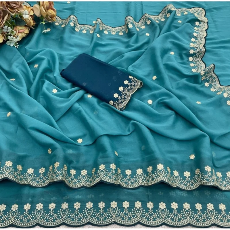 Women's Star Georgette Embroidered Saree With Unstitched Blouse 5.5Mtr (Blue) - Image 3