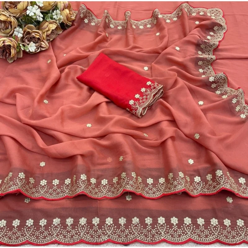 Women's Star Georgette Embroidered Saree With Unstitched Blouse 5.5Mtr (Orange) - Image 3