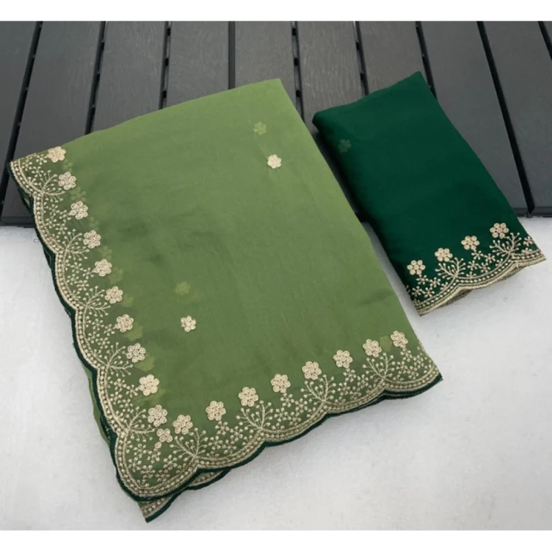 Women's Star Georgette Embroidered Saree With Unstitched Blouse 5.5Mtr (Green)