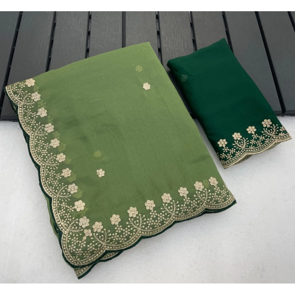 Women's Star Georgette Embroidered Saree With Unstitched Blouse 5.5Mtr (Green)