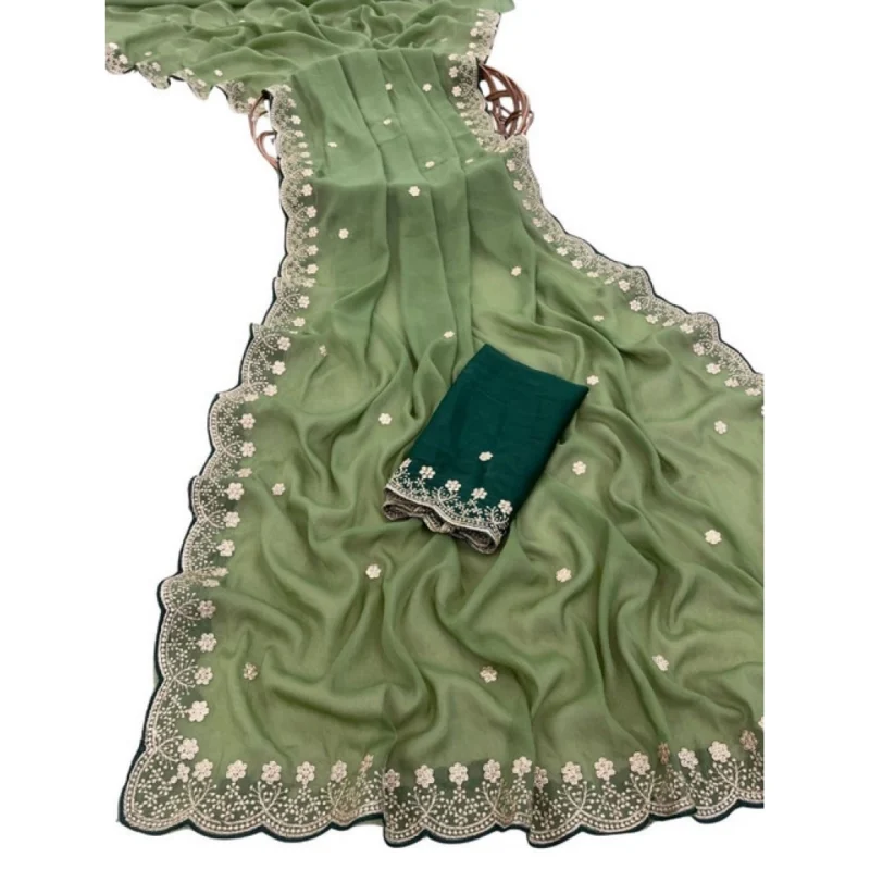 Women's Star Georgette Embroidered Saree With Unstitched Blouse 5.5Mtr (Green) - Image 2