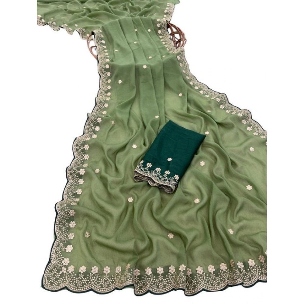 Women's Star Georgette Embroidered Saree With Unstitched Blouse 5.5Mtr (Green) - Image 2