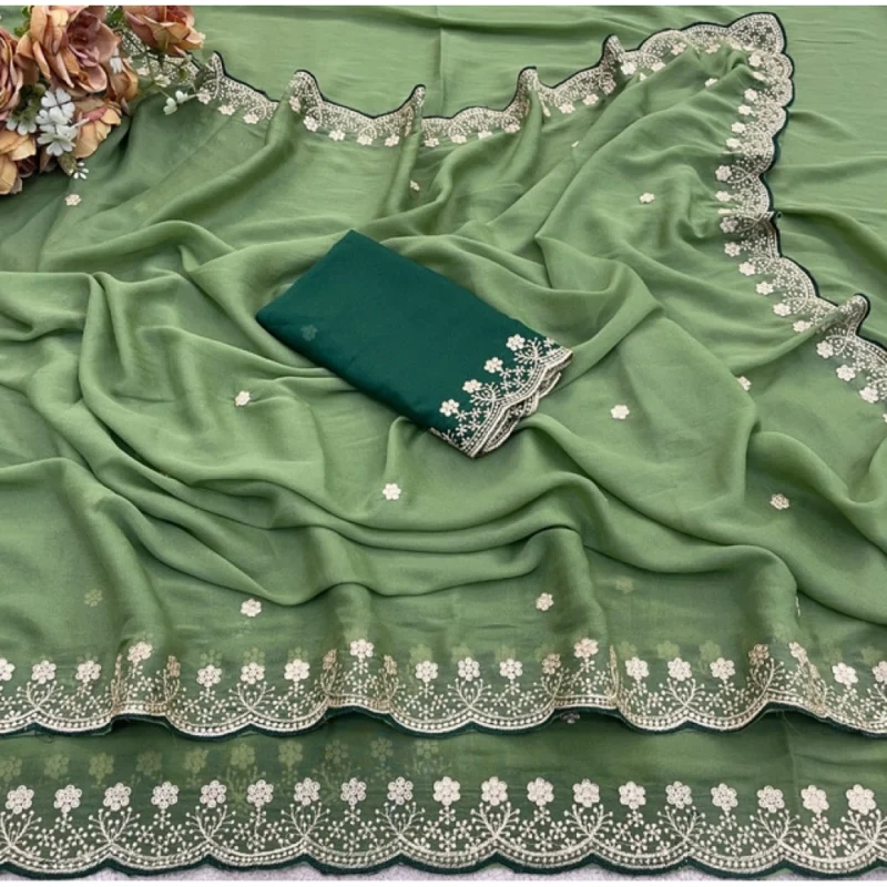 Women's Star Georgette Embroidered Saree With Unstitched Blouse 5.5Mtr (Green) - Image 3