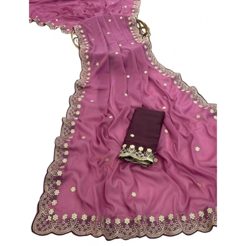 Women's Star Georgette Embroidered Saree With Unstitched Blouse 5.5Mtr (Pink) - Image 2