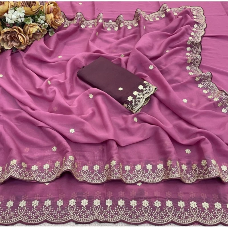 Women's Star Georgette Embroidered Saree With Unstitched Blouse 5.5Mtr (Pink) - Image 3
