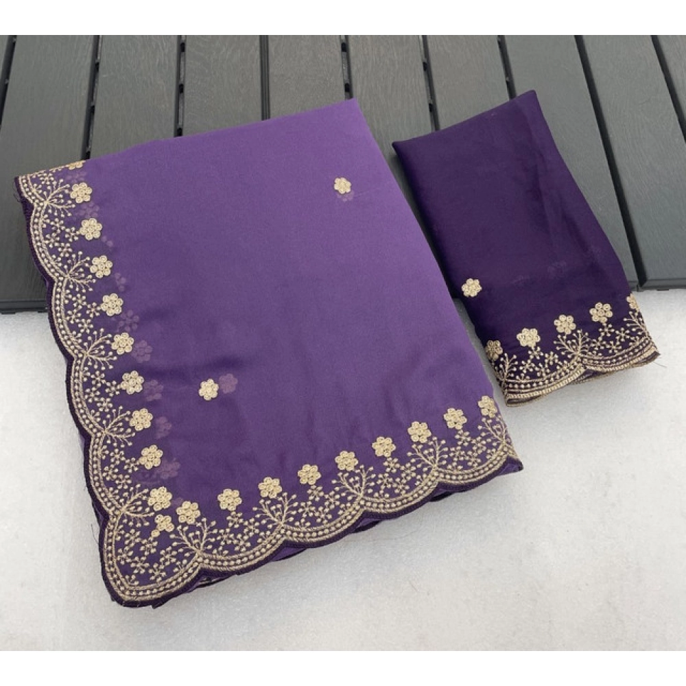 Women's Star Georgette Embroidered Saree With Unstitched Blouse 5.5Mtr (Purple)