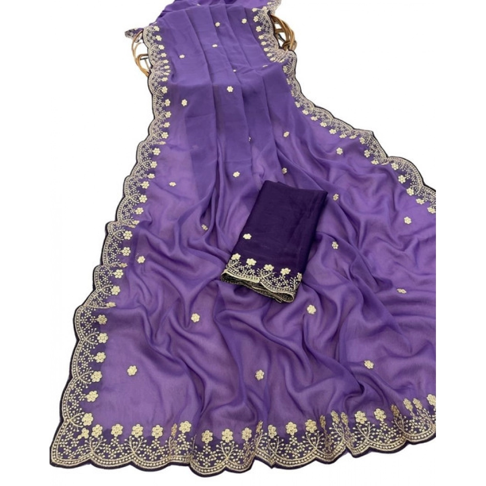 Women's Star Georgette Embroidered Saree With Unstitched Blouse 5.5Mtr (Purple) - Image 2