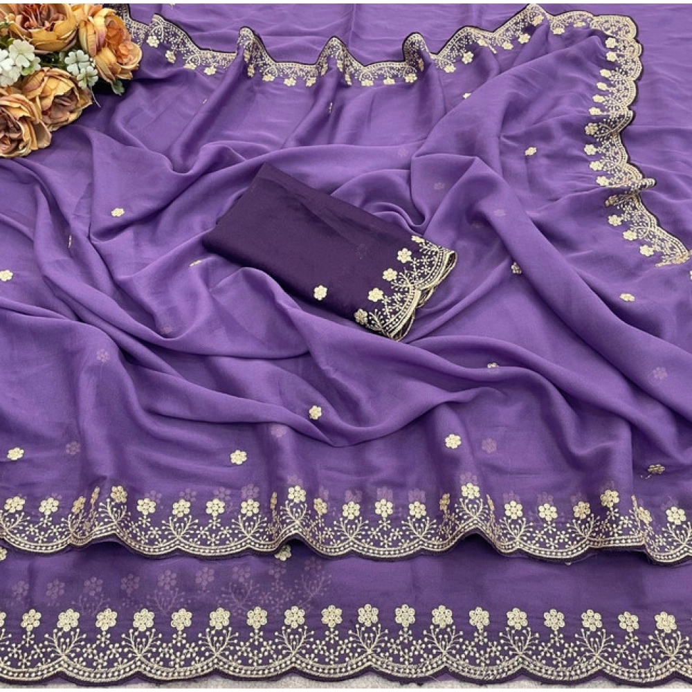 Women's Star Georgette Embroidered Saree With Unstitched Blouse 5.5Mtr (Purple) - Image 3