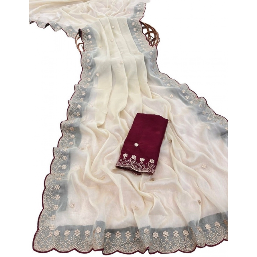 Women's Star Georgette Embroidered Saree With Unstitched Blouse 5.5Mtr (Off White) - Image 2