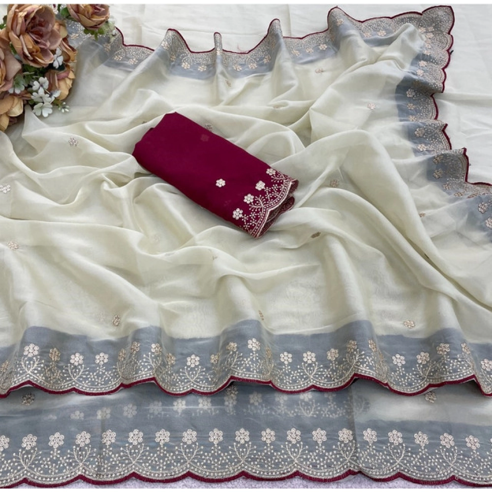 Women's Star Georgette Embroidered Saree With Unstitched Blouse 5.5Mtr (Off White) - Image 3