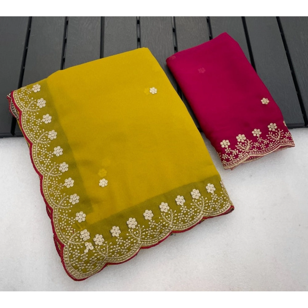 Women's Star Georgette Embroidered Saree With Unstitched Blouse 5.5Mtr (Yellow)