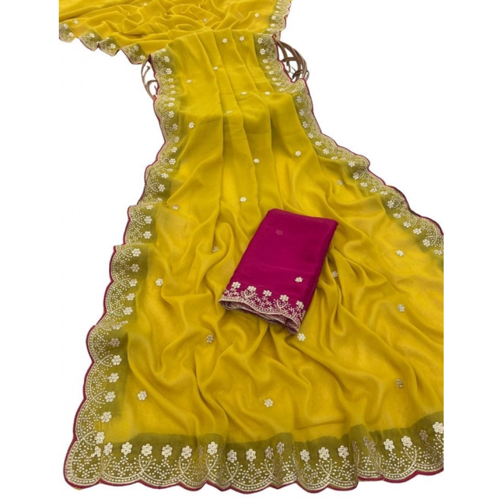 Women's Star Georgette Embroidered Saree With Unstitched Blouse 5.5Mtr (Yellow) - Image 2