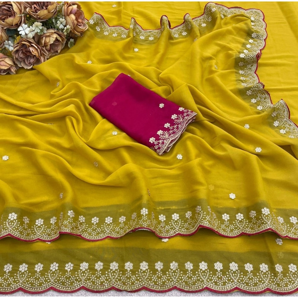Women's Star Georgette Embroidered Saree With Unstitched Blouse 5.5Mtr (Yellow) - Image 3